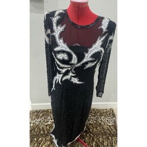 Vintage 80's Black Beaded Sequin Evening Dress Long Sleeve Formal Party Gown